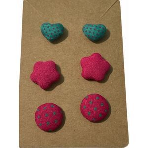 Stud Button Statement‎ Earrings Set Fabric Polka Dot Hearts Stars Pink Teal Blue
